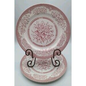 Vtg English Ironstone Kew Gardens Pink 2 Dinner Plates Crazing Flowers Rose